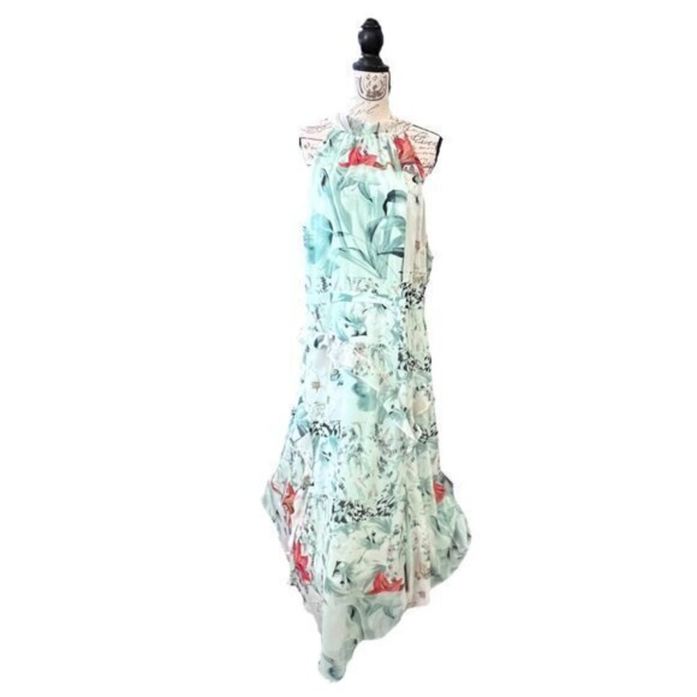 White House Black Market Dress Sz 18 Green Tropical Floral Ruffled Halter Neck